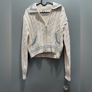 groove Cream Cable-Knit Zip Cardigan with Light Blue Trim